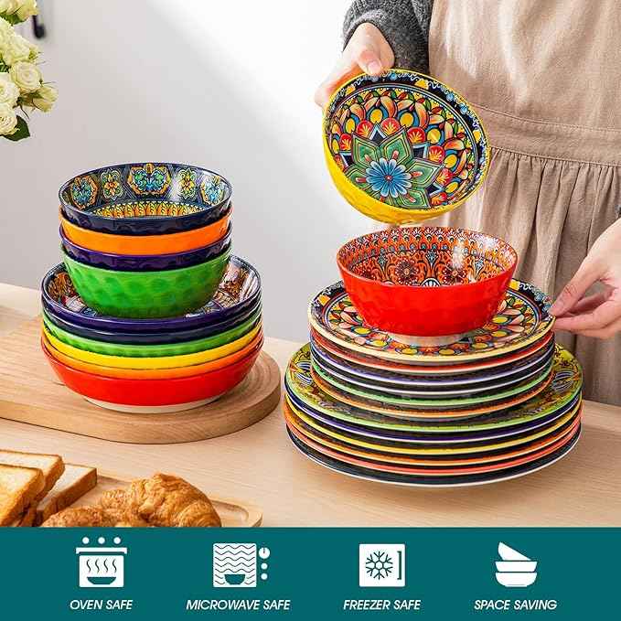 vancasso 24 Pieces Plates and Bowls Set, Bohemian Style Dinnerware Sets Service for 6, Porcelain Boho Dishes Set for Kitchen, Housewaring Gift, Dishwasher and Microwave Safe, Series KRVI