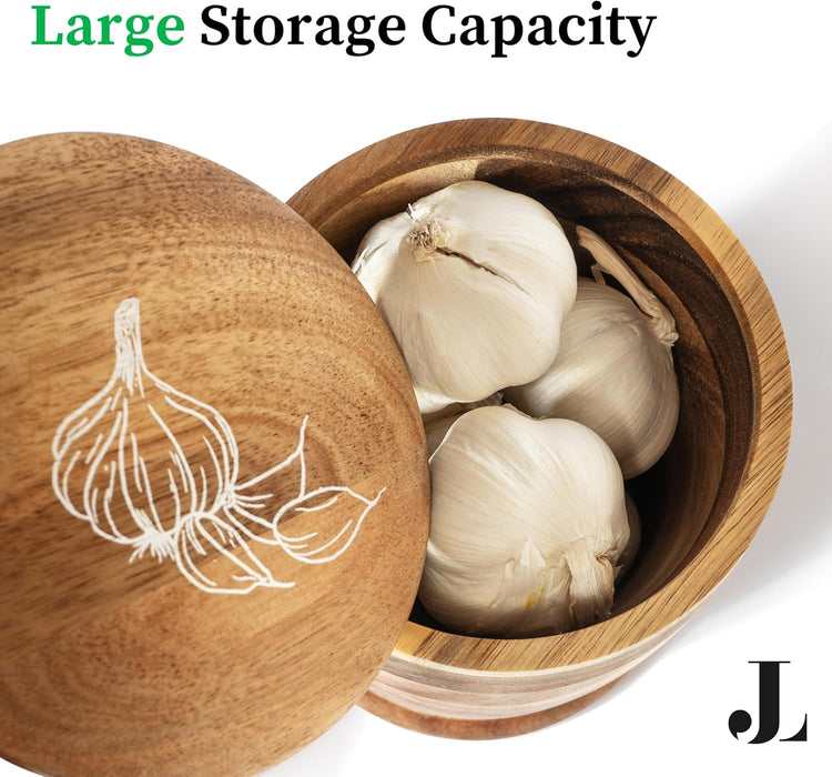 Introducing The Always Fresh Acacia Garlic Keeper For Counter. A Crafted & Large Garlic Storage Holder Jar. A Farmhouse Container Pot Saver.