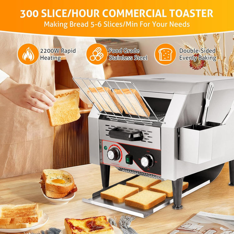 WICHEMI Commercial Toaster 300 Slices/Hour Commercial Conveyor Toaster Electric Stainless Steel Heavy Duty Toasters for Restaurant Bun Bagel Bread, 2200W