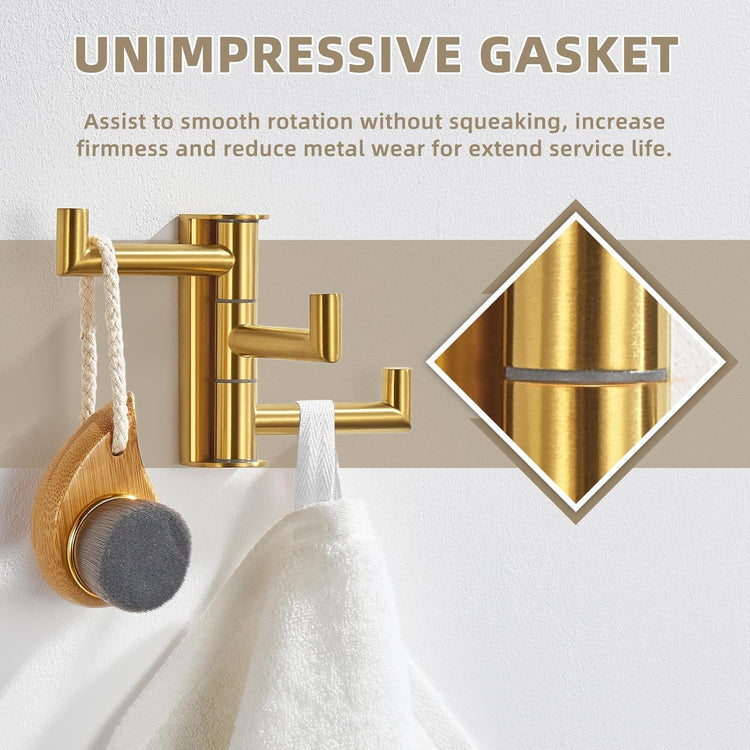 Suyar Brushed Gold Towel Hook, SUS 304 Stainless Steel Bathroom Coat Robe Holder with 3 Swivel Arms, Wall Hook for Kitchen Entry Garage