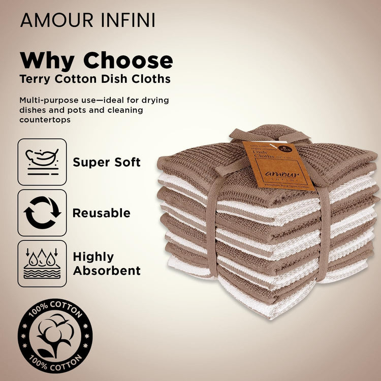 AMOUR INFINI Dish Cloths for Washing Dishes Set of 8 - Highly Absorbent, Super Soft Kitchen Dishcloths - Reusable Quick Dry Dish Rags for Cleaning & Drying Kitchen Linens (12x12 Inch - Brown) - Nestoria