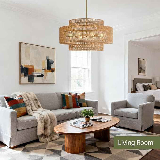 30” Boho Rattan Chandelier Light Fixture, 8-Light Large Hand Woven Pendant Light Fixture Farmhouse Rustic Chandeliers for Dining Room, Kitchen, Bedroom, Living Room, Hallway, Foyer