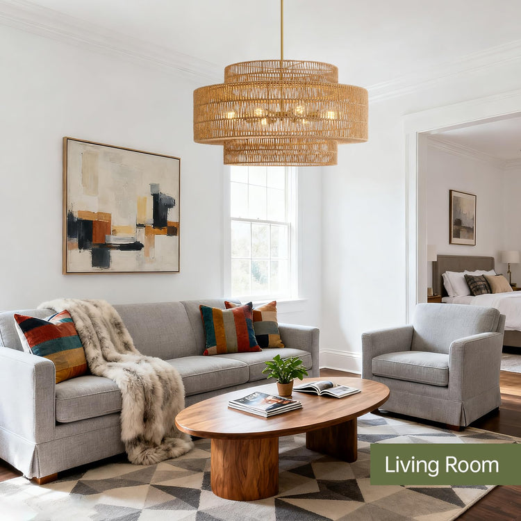 30" Rattan Chandelier for Dining Room