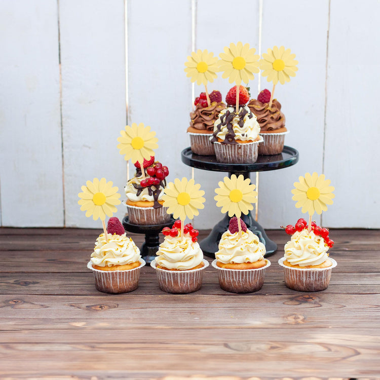 24Pcs Daisy Cupcake Toppers Daisy Flower Party Picks Spring Daisy Toothpicks Chrysanthemum Food Picks Girls Baby Shower Birthday Wedding Party Decorations Yellow (24 Count)