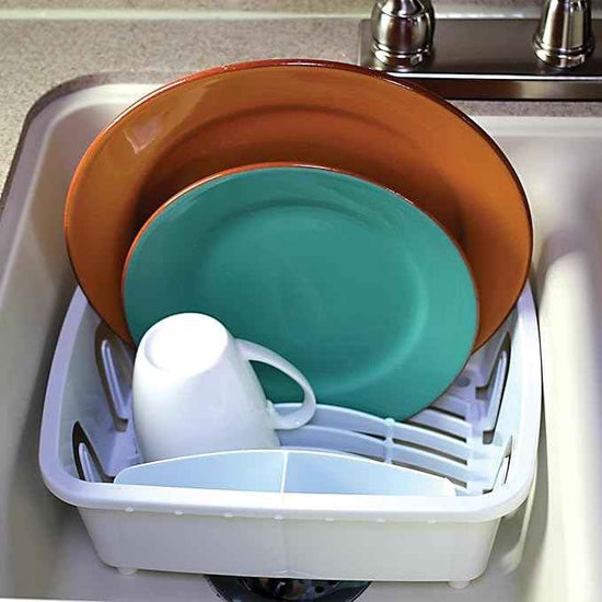 Camco RV Mini Dish Drainer & Tray - Features a Sloped Drain Tray Design, Heavy-Duty Construction - Ideal for Small Spaces, Apartments, Boats, and More -9.5" L x 11.7" W x 4.75" H - White (43511)