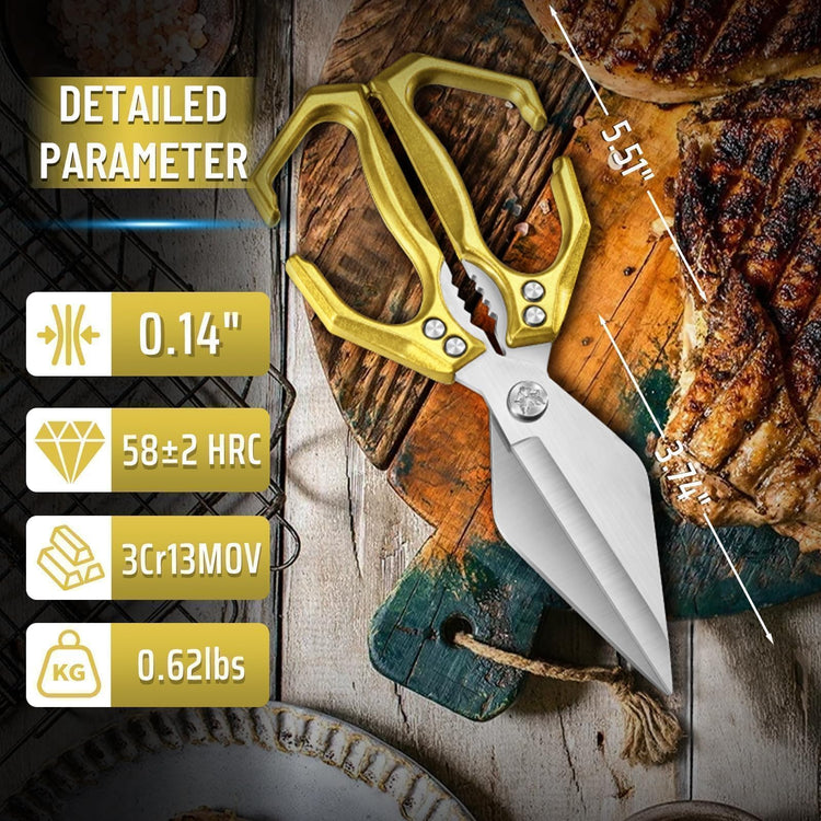 Heavy Duty Poultry Shears for Food with Golden Ergonomic Handle