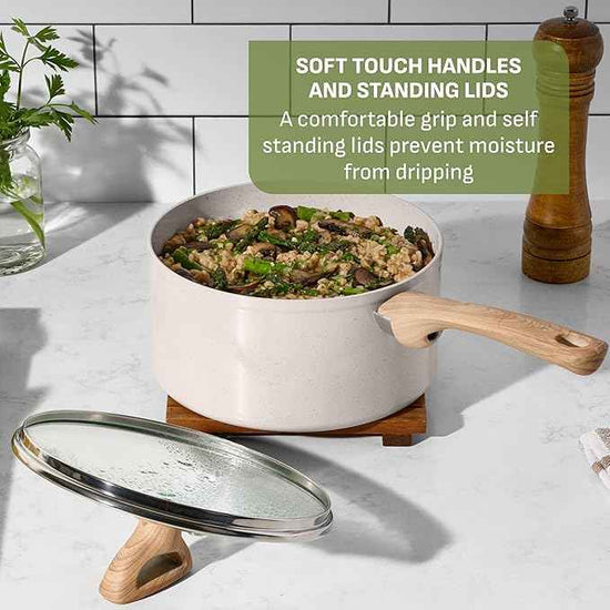 T-Fal Revive Ceramic Nonstick Cookware Set, Oven Safe Up to 350ºF, 12-Piece, Includes Stockpot, Saucepan, Skillet, Frying Pans, Utensils, Ceramic Pots and Pans Set, Beige Granite
