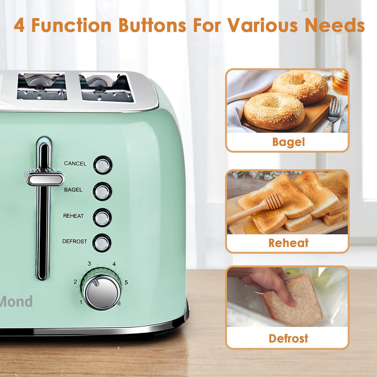 Toaster 4 Slice Retro Stainless Steel with Extra Wide Slots Bagel