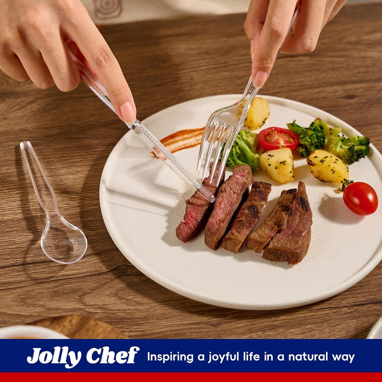 JOLLY CHEF 300 Count Clear Plastic Silverware, 150 Forks, 150 Spoons, 100 Knives, Heavy Duty BPA Free Disposable Plastic Cutlery Set, Plasticware Bulk, Premium Clear Utensils for Party Supplies