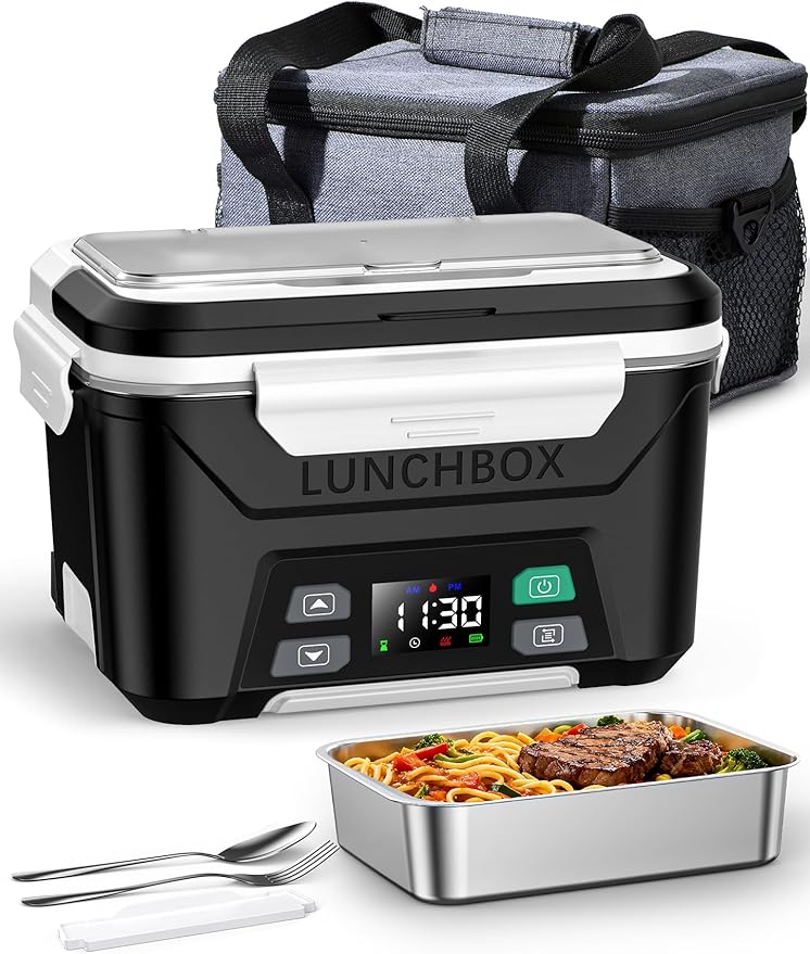 EAST OAK 5.5-Cup Cordless Electric Lunch Box for Adults, Heated Lunch Box for Men with Scheduled Heating, Portable Car Food Warmer with Utensils, One-Tier Bag, Removable Divider