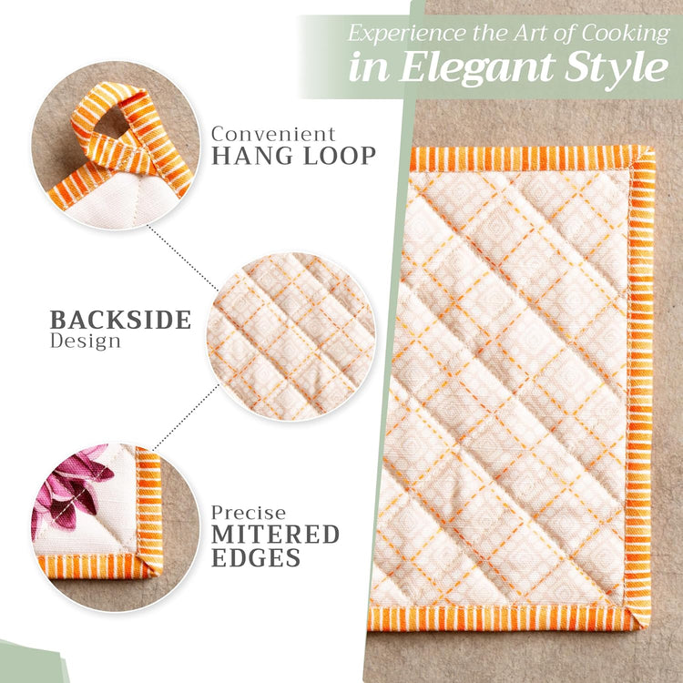 Maison d' Hermine 100% Cotton Oven Mitt & Pot Holder Set (7.5"x13" & 8"x8") Heat Resistant BBQ Cooking Gloves with Loop, Baking, Grilling, Kitchen, Handling Hot Pans (Pumpkin Garden - Cloudy Cream)