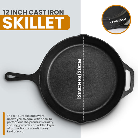 Cast Iron Skillet 12 Inch with Lid Chefs Frying Pan Black