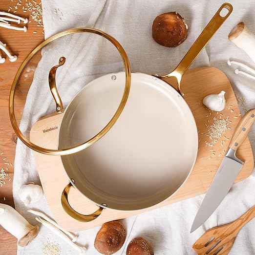 Bloomhouse - Two Time Oprah's Favorite Things Winner - 6 QT Heavy Duty Aluminum Premium PFA Free Ceramic Nonstick Saute/Deep Frying Pan Skillet with Lid - Almond Cream w/Gold Handle