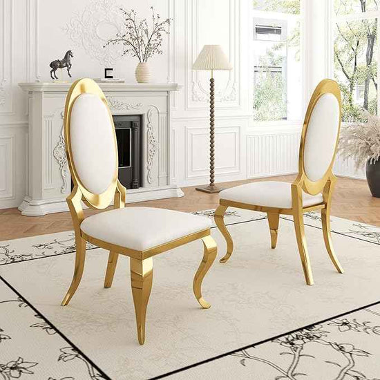 Modern Dining Chairs Set of 6, Luxury Faux Leather Upholstered Armless Dining Room Chair with Mirrored Stainless Steel Gold Legs, Mid Century Accent for Wedding Party Banquet Reception, White