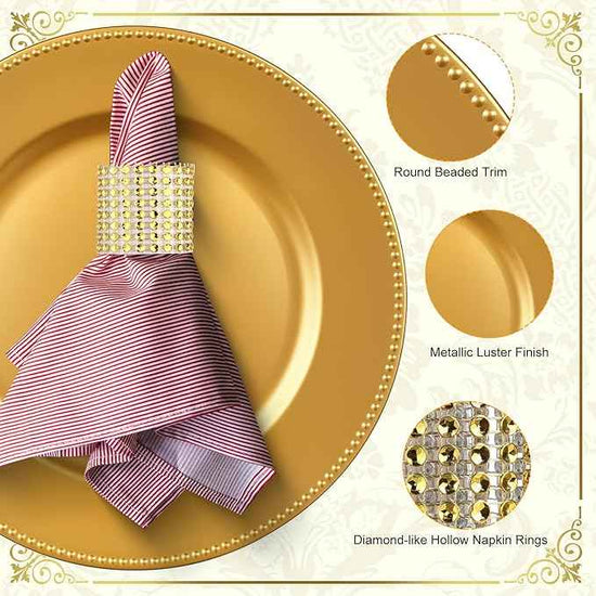 200pcs Gold Charger Plates With Napkin Rings Set Include 100 Gold Beaded Charger Plates 100 Napkin Rings, 13 Inch Plastic Round Chargers for Dinner, Wedding, Birthday, Party, Banquet, Table Setting