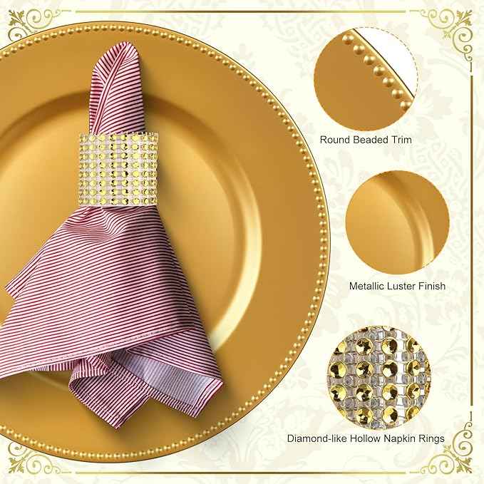 200pcs Gold Charger Plates With Napkin Rings Set Include 100 Gold Beaded Charger Plates 100 Napkin Rings, 13 Inch Plastic Round Chargers for Dinner, Wedding, Birthday, Party, Banquet, Table Setting