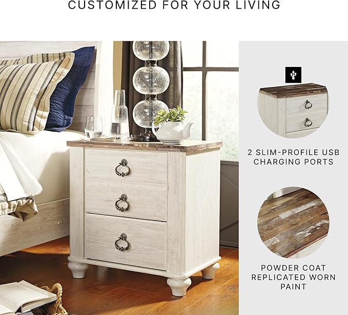 Signature Design by Ashley Willowton Farmhouse 2 Drawer Nightstand with USB Charging Ports, 25.67" Tall, Whitewash