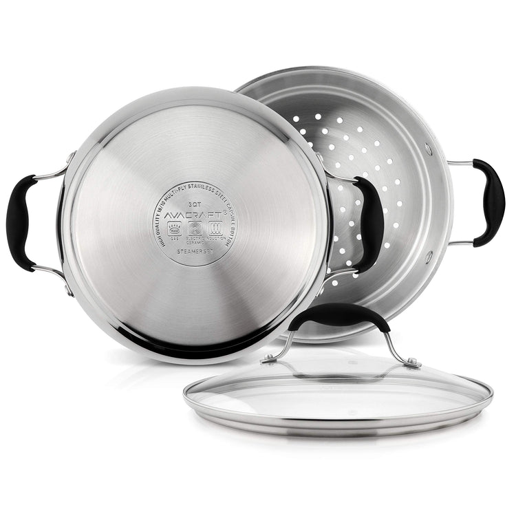 3 Piece 18 10 Stainless Steel Steamer Pot Set with Glass Lid