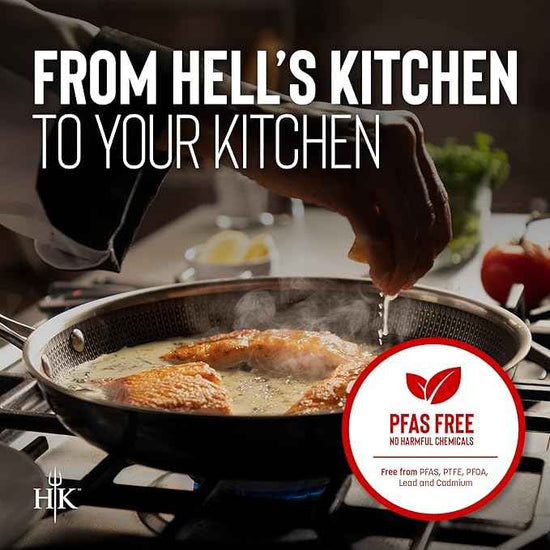 Hell's Kitchen Hybrid 3 Piece Essential Set, 9.5-inch Frying Pan, 5 Qt Pot and Tempered Glass Lid, Tri-Clad Stainless Steel and PFAS-Free Ceramic Nonstick, Metal Utensil Safe, All Cooktops, Oven Safe