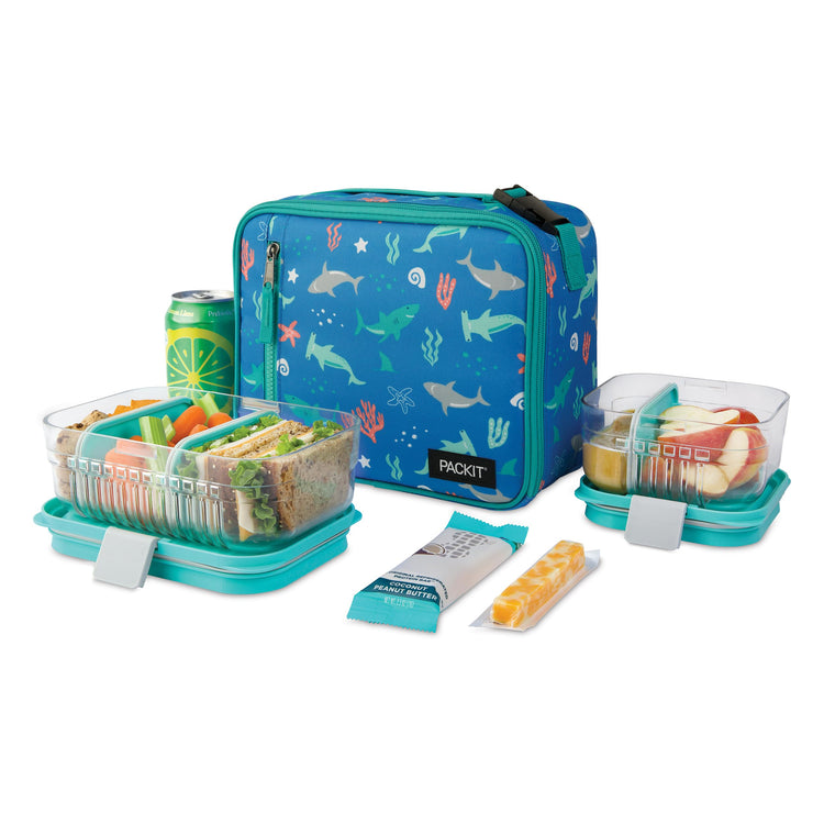 R) Freezable Classic Lunch Box, Sea Shark, Built with EcoFreeze(R) Technology, Collapsible, Reusable, Zip Closure With Zip Front Pocket and Buckle Handle, Designed for Fresh Lunch On the Go