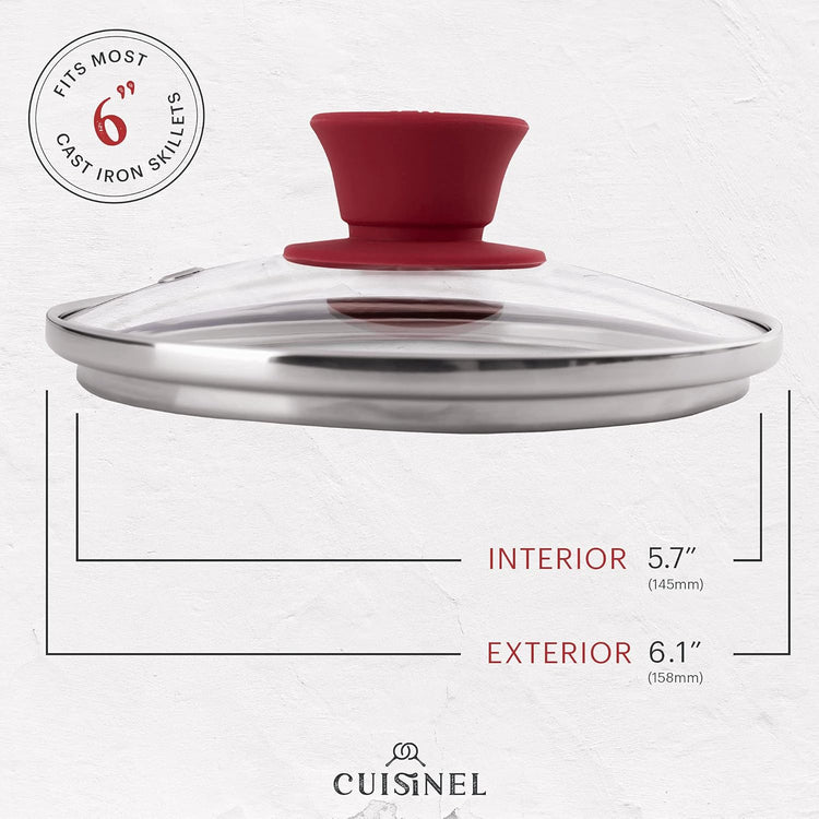 Cuisinel Glass Lid with Steam Vent Hole - 6"-Inch/15.24cm - Compatible with Lodge Cast Iron Skillet Pan - Fully Assembled Universal Replacement Cover - Tempered, Oven Safe - Reinforced Stainless Rim
