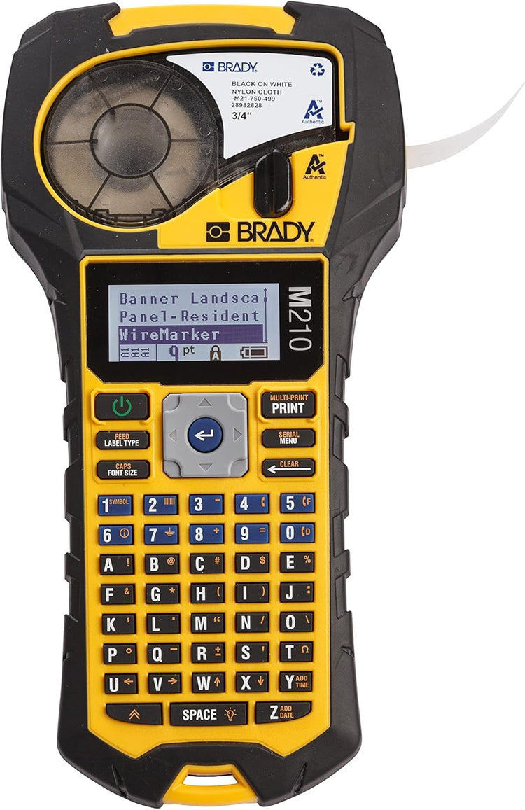 Brady M210 Portable Label Printer with Rubber Bumpers, Multi-Line Print, 6 to 40 Point Font & Authentic (M21-375-595-WT) All-Weather Vinyl Label for Indoor/Outdoor ID, Lab and Equipment Labeling