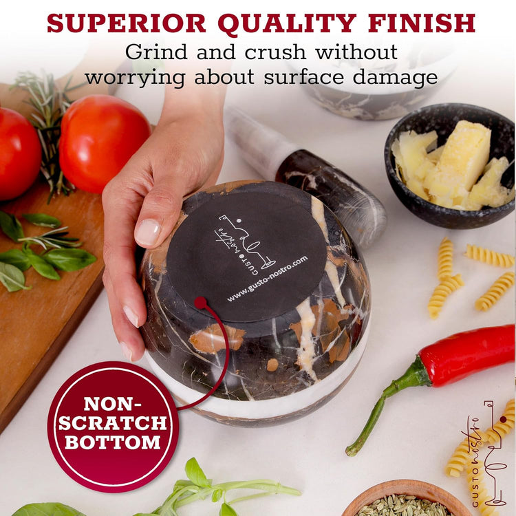 Gusto Nostro Natural Marble Mortar and Pestle Set | 5 Inch - 2.5 Cup Large Mortar Pestle Set for Grinding Herbs, Nuts, Grains | Pesto Grinding and Guacamole Stone Bowl | Marble Spice Crusher