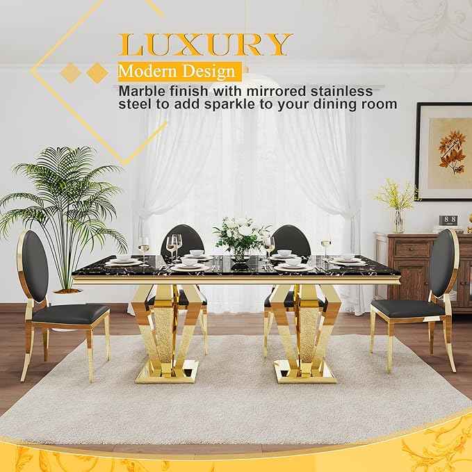 AF ARTISAN FURNITURE 7 Piece Luxury Dining Room Set, Modern Dining Table and Upholstered Chairs Set, Marble Kitchen Table Set for 6, Big Kitchen Dinner Tables Kit with Gold Base