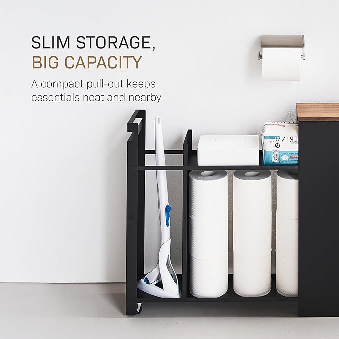 Yamazaki Home Pull-Out Bathroom Storage Cabinet – Slim Bathroom Storage Cabinet with Wood Top, Steel Organizer for Toilet Paper and Cleaning Supplies, Modern Space-Saving Design, Black - Steel + Wood