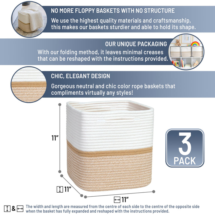 Storage Cubes 11 Inch Cotton Rope Woven Baskets for Organizing (3 Count)