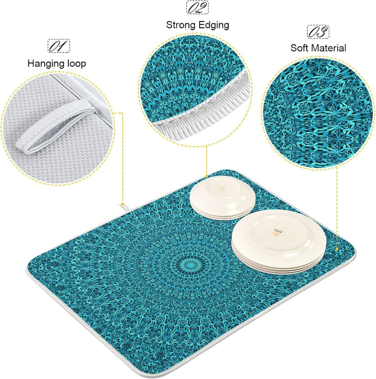 Super Absorbent Dish Drying Mat Microfiber Fast-Drying Dish Mat 16" x 18" Kitchen Dish Drying Pad Mandala Turquoise Teal Blue Green