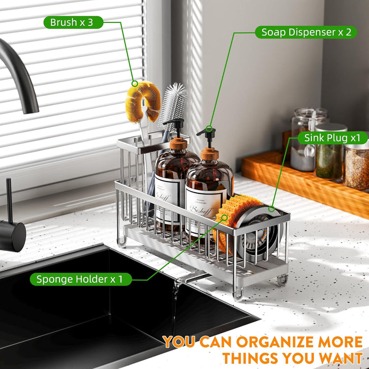Cisily Extra Large Silver Sponge Holder for Kitchen Sink, Sink Caddy Organizer with High Brush Holder, Kitchen Countertop Organizers and Storage Essentials, Rustproof 304 Stainless Steel