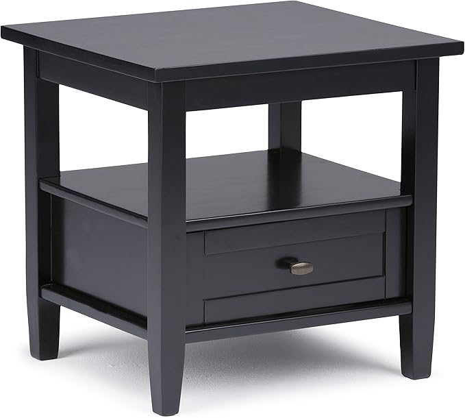 SIMPLIHOME Warm Shaker End Table - 20 inch Wide Solid Wood Side Table in Black, Transitional Accent Table for Living Room or Bedroom with Drawer, Open Shelf and Square Tapered Legs