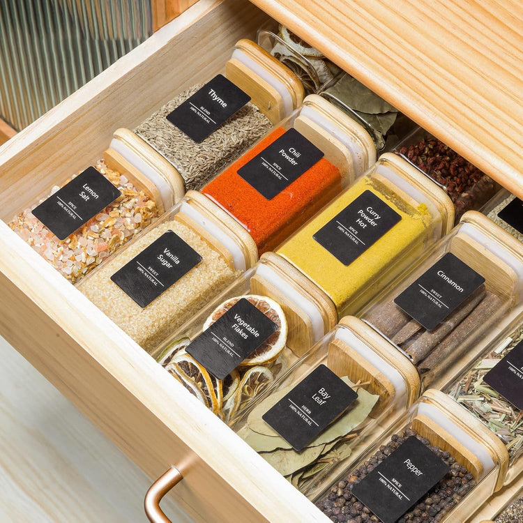 Glass Spice Jars with Labels 8 oz 16 Pack Square Bamboo Lids (16 Count)