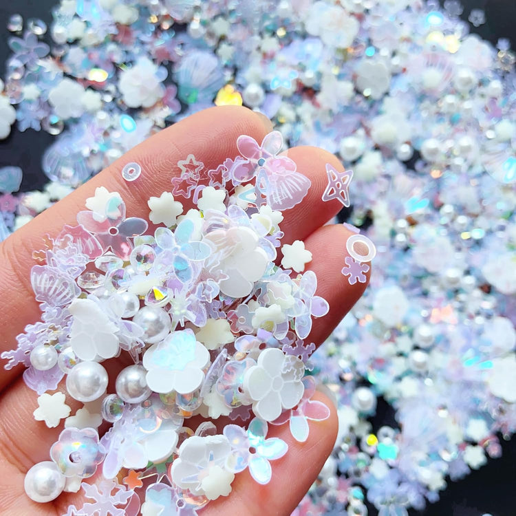 Sequins Holographic Polymer Clay Slices Nail Glitter 3D Holographic Snowflake Shell Butterfly Plum Blossom Nail Sequins Slices Polymer Clay Nail Decals for DIY Nail Decoration (White-51)