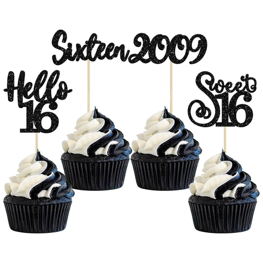 24Pcs Happy 16th Birthday Cupcake Toppers Glitter Hello 16 Sweet 16 Cupcake Picks 2009 Sixteen Old Birthday Cake Decorations for 16th Birthday Anniversary Party Supplies Black (24 Count)