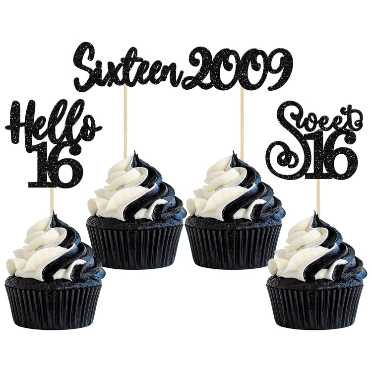 24Pcs Happy 16th Birthday Cupcake Toppers Glitter Hello 16 Sweet 16 Cupcake Picks 2009 Sixteen Old Birthday Cake Decorations for 16th Birthday Anniversary Party Supplies Black (24 Count)