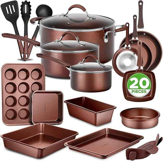 NutriChef Nonstick Cookware Set, 20-Piece Premium Kitchen Cookware Set with Pots, Pans, Bakeware & Utensils, Non Stick Pots and Pans Compatible with Gas, Electric, Ceramic & Induction Cooktops (Black)