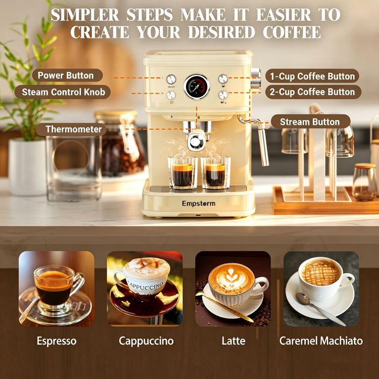 04E 20 Bar Espresso Machine with Milk Frother Steam 1100W Cream white