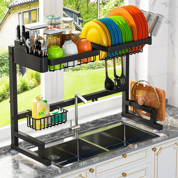 ADBIU Fit Sink 24.5"- 35.5" L Over Sink Dish Drying Rack (Expandable Dimension) Snap-On Design 2 Tier Large Kitchen Dish Rack Stainless Steel Counter Organization and Storage