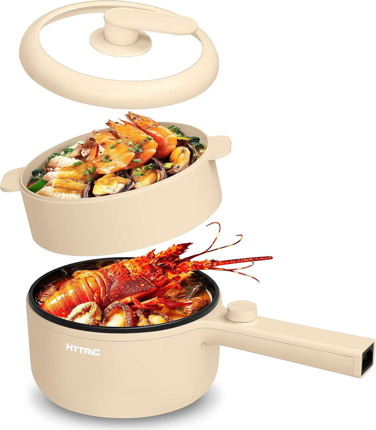 HYTRIC Hot Pot Electric with Steamer, 1.5L Portable Non-stick Frying Pan, Electric Cooker for Steak, Egg, Pasta, Ramen Cooker with Dual Power Control, Electric Pot for Office, Dorm, Camping, Yellow