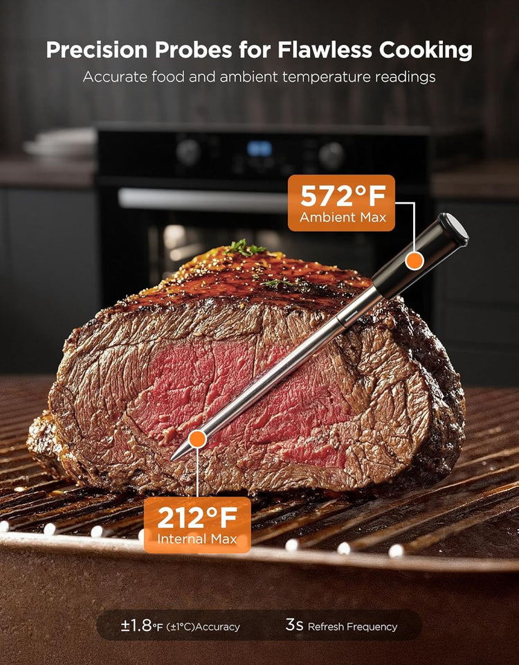 GoveeLife Wireless Meat Thermometer, 500FT Bluetooth Range Food Thermometer with Sensors, Instant Read, Standalone Display Base, IP68 Waterproof Real Time Monitoring Smart Alerts for BBQ, Grill, Oven