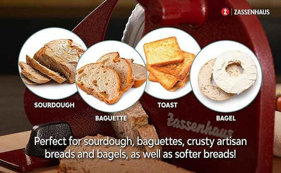 Zassenhaus Original Classic Adjustable Bread Slicer for Uniform Slices - Bread Slicer for Homemade Bread - 18/8 Stainless Steel Blade Sourdough Cutter - Red, 11.75" x 8"