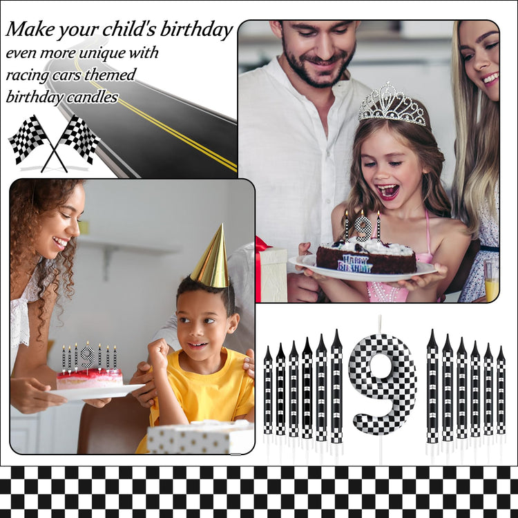 13 Pcs Racing Cars Themed Birthday Candles Black and White Race Number 9 Checkered Candle Cake Topper for Racing Car Party Decoration Supplies (13 Count)