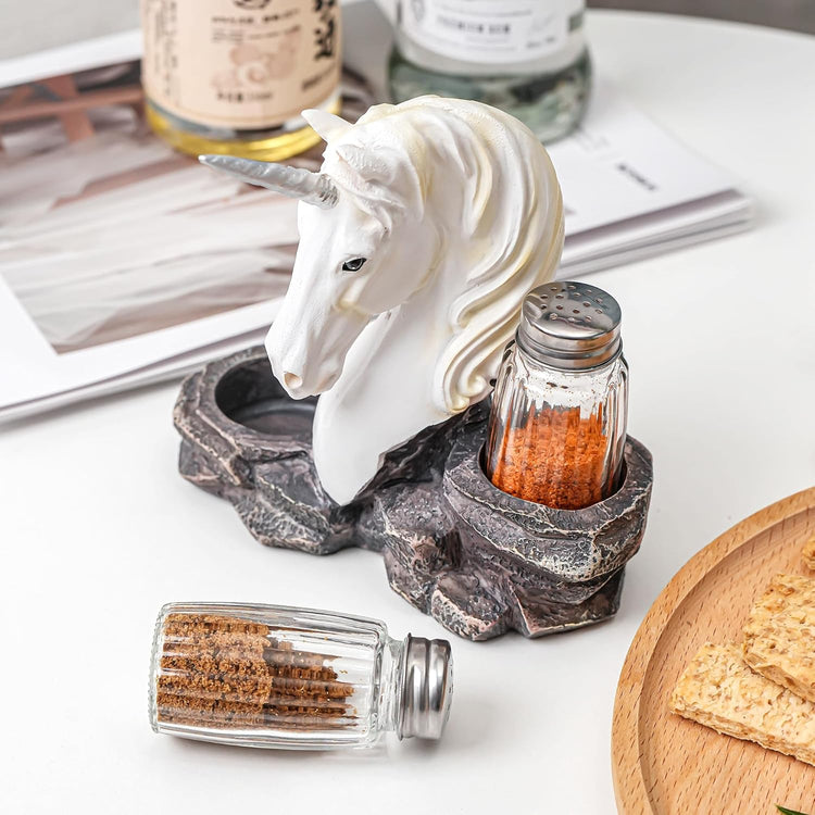 Rustic Salt And Pepper Shakers Set - Salt And Pepper Dispenser with Resin Unicorn Figurine And Statues Holder - Glass Spice Jars for Farmhouse Kitchen DéCor