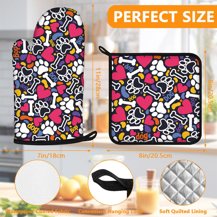 Paw Prints Oven Mitts and Bones Hearts Pot Holders Sets 4Pcs