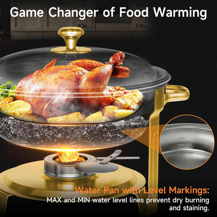 Chafing Dishes for Buffet, 4 Pack 5QT Round Stainless Steel Chafing Dish Set for Home Parties, Christmas Gatherings, Catering Events Complete Buffet Warmer Set (Golden 2)