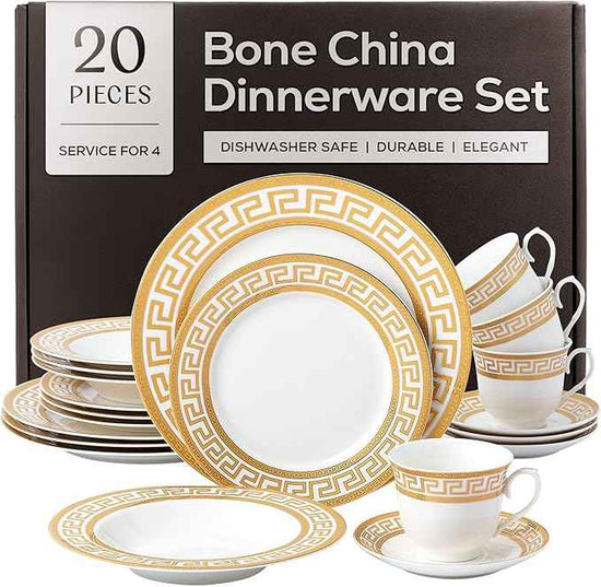Joseph Sedgh Collection 20-Piece Bone China Dinnerware Set, Service for 4, White and Golden Greek Key