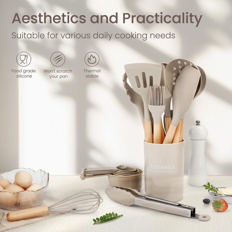 26 Piece Food Grade Silicone Kitchen Utensils Set with Wooden Handles (26 Count)