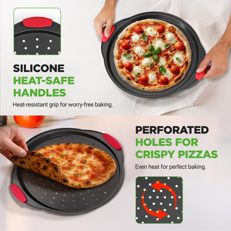 2-Piece 13-Inch Nonstick Pizza Tray, Round Carbon Steel Non-Stick Pizza Pan with Perforated Holes, Premium Bakeware Pizza Screen with Silicone Grip Handles, Dishwasher Safe, NCBPIZX2 (2 Count)
